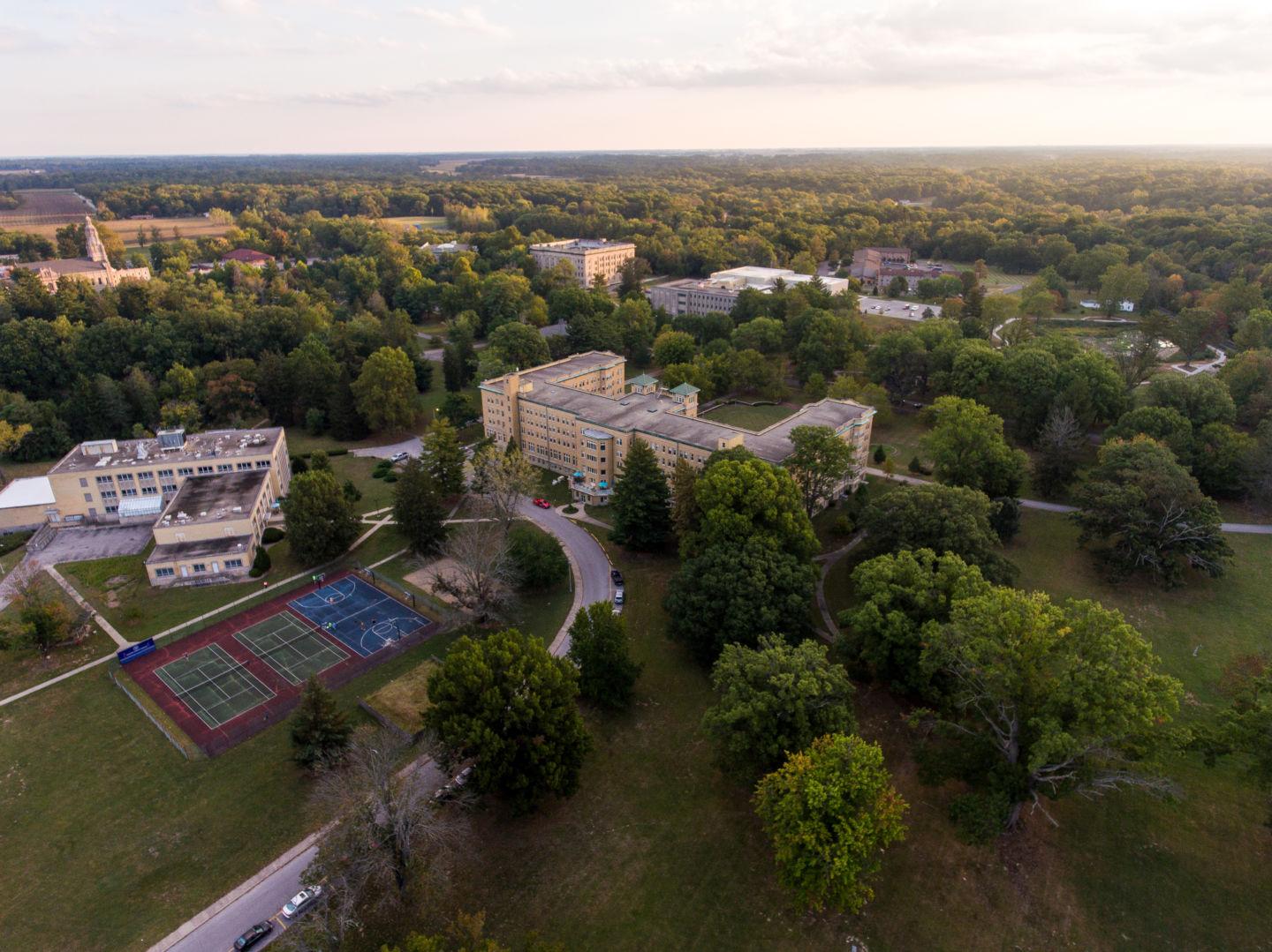 Aerial view of Le Fer Hall from behind